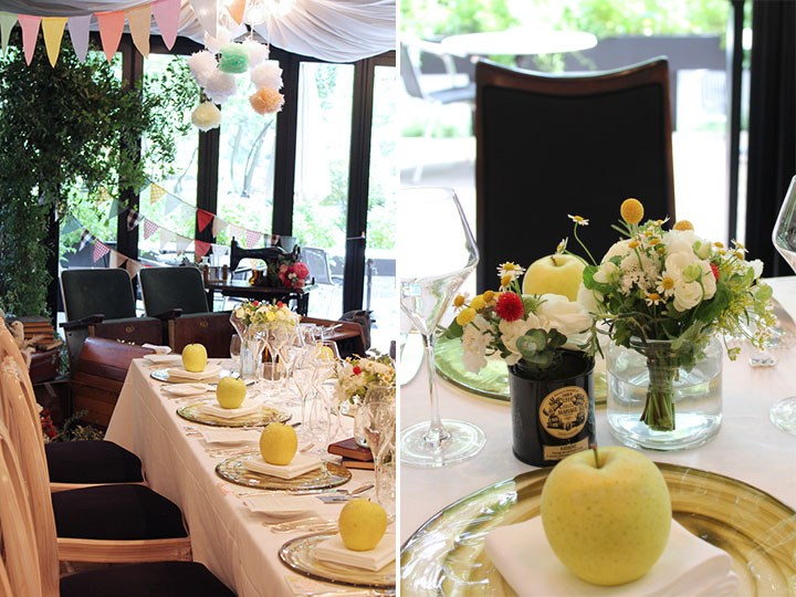 ゲストテーブル,装花,ナチュラル,紅茶缶,りんご