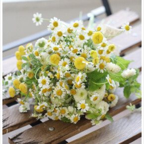 人気のマトリカリアを使ったクラッチブーケ。
野の花を摘んできたような自然な雰囲気を出すために、凹凸を付けてラフにまとめています。 ブーケ,イエロー,ホワイト