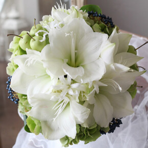真っ白なアマリリスのラウンドブーケ。アクセントに青リンゴを入れて爽やかなイメージに。 ブーケ,ホワイト